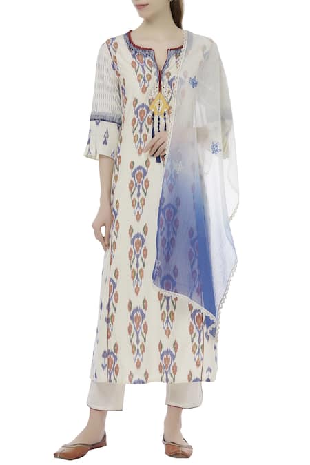 House of Kotwara Beige Ikat Split Neck Kurta And Pant Set 