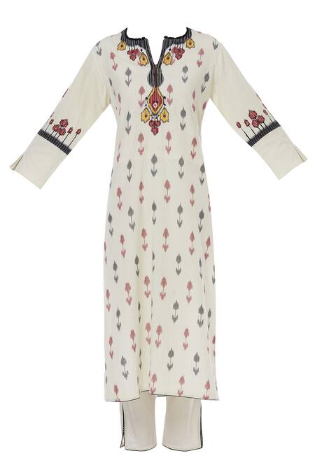 Buy_House of Kotwara_White Ikat Split Neck Kurta And Pant Set  _Online_at_Aza_Fashions