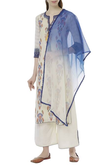 House of Kotwara Beige Ikat Split Neck Kurta And Palazzo Set 