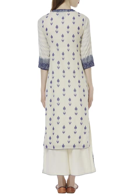 Shop_House of Kotwara_Beige Ikat Split Neck Kurta And Palazzo Set  _at_Aza_Fashions