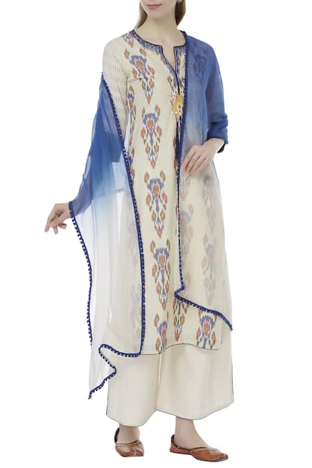 House of Kotwara_Beige Ikat Split Neck Kurta And Palazzo Set  _Online_at_Aza_Fashions