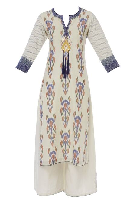 Buy_House of Kotwara_Beige Ikat Split Neck Kurta And Palazzo Set  _Online_at_Aza_Fashions