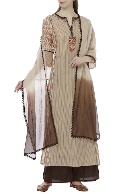 House of Kotwara Beige Ikat Split Neck Kurta And Palazzo Set 