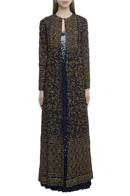 Nakul Sen_Blue Crepe Embroidered Jacket With Kurta Set_Online_at_Aza_Fashions