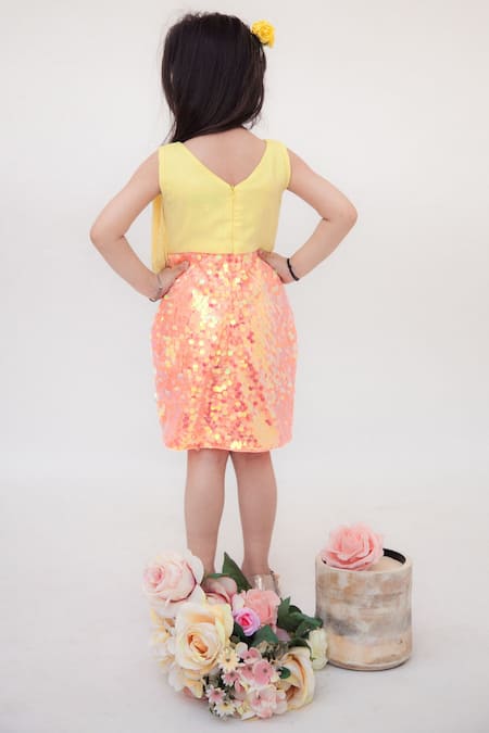 Shop_FAYON KIDS_Yellow Cotton, Silk Sequins, Fringe Dress _at_Aza_Fashions