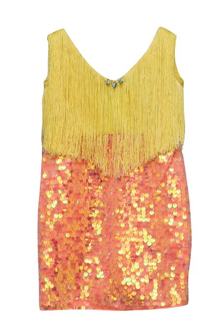 FAYON KIDS_Yellow Cotton, Silk Sequins, Fringe Dress _Online_at_Aza_Fashions