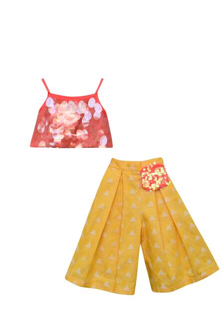 Fayon Kids Yellow Cotton Sequins Embellished Top And Palazzo Set Online at Aza Fashions Fayon Kids_Yellow Cotton Sequins Embellished Top And Palazzo Set _Online_at_Aza_Fashions
