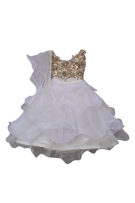 Fayon Kids Beige Organza, Net Sequins Ruffle Lehenga Set 