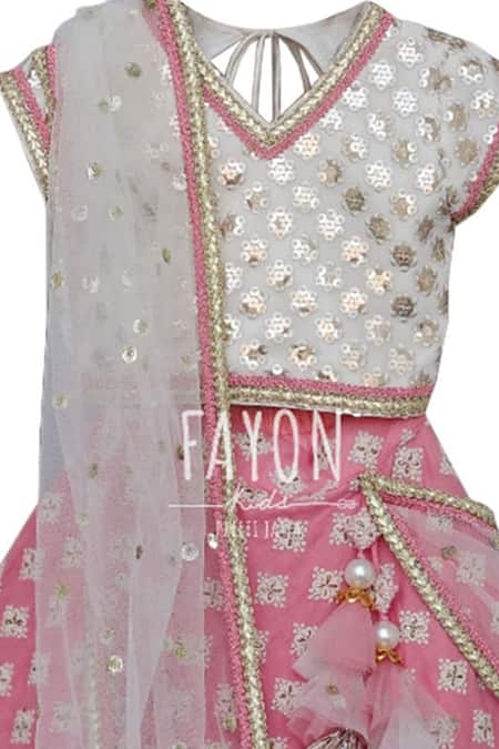 Fayon Kids_White Cotton Sequins Embroidered Lehenga Set _Online_at_Aza_Fashions