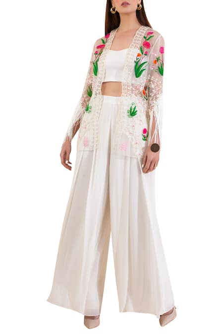 Buy_Limerick By Abirr N' Nanki_White Organza, Georgette Sweetheart Neck Embroidered Jacket And Pant Set_Online_at_Aza_Fashions