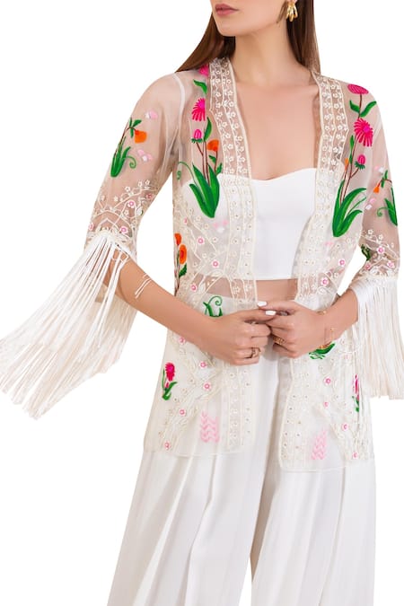 Limerick By Abirr N' Nanki_White Organza, Georgette Sweetheart Neck Embroidered Jacket And Pant Set_Online_at_Aza_Fashions