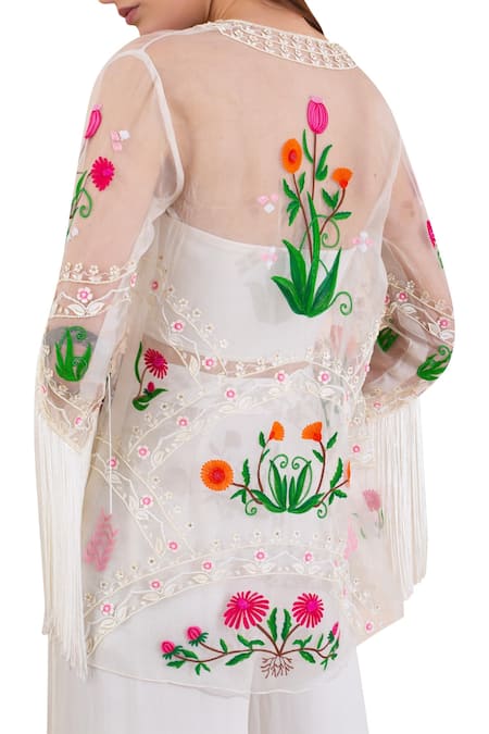Shop_Limerick By Abirr N' Nanki_White Organza, Georgette Sweetheart Neck Embroidered Jacket And Pant Set_Online_at_Aza_Fashions