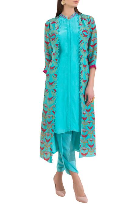 Limerick By Abirr N' Nanki Blue Silk Crepe Mandarin Collar Kurta With Jacket And Dhoti Pants Online at Aza Fashions Limerick By Abirr N' Nanki_Blue Silk Crepe Mandarin Collar Kurta With Jacket And Dhoti Pants _Online_at_Aza_Fashions