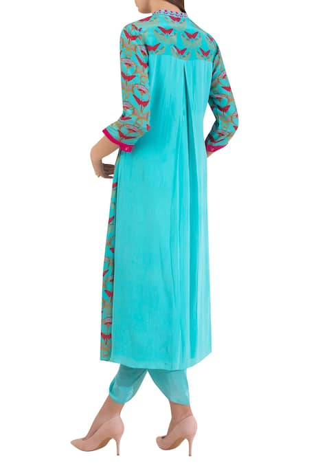 Shop Limerick By Abirr N' Nanki Blue Silk Crepe Mandarin Collar Kurta With Jacket And Dhoti Pants at Aza Fashions Shop_Limerick By Abirr N' Nanki_Blue Silk Crepe Mandarin Collar Kurta With Jacket And Dhoti Pants _at_Aza_Fashions