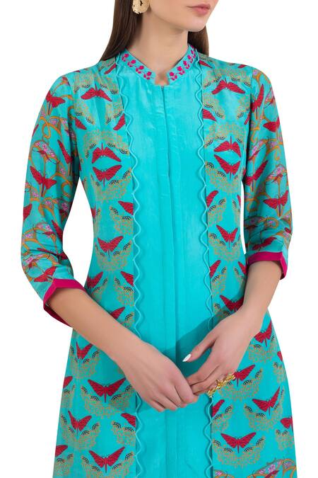 Buy Limerick By Abirr N' Nanki Blue Silk Crepe Mandarin Collar Kurta With Jacket And Dhoti Pants Online at Aza Fashions Buy_Limerick By Abirr N' Nanki_Blue Silk Crepe Mandarin Collar Kurta With Jacket And Dhoti Pants _Online_at_Aza_Fashions