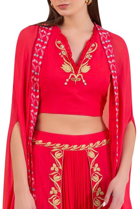 Shop_Limerick By Abirr N' Nanki_Coral Silk Georgette V Neck Embroidered Lehenga Set _Online_at_Aza_Fashions