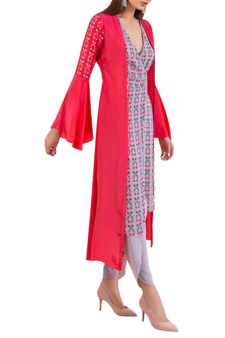 Limerick By Abirr N' Nanki Grey Crepe, Georgette V Neck Printed Jacket Kurta Set Online at Aza Fashions Limerick By Abirr N' Nanki_Grey Crepe, Georgette V Neck Printed Jacket Kurta Set_Online_at_Aza_Fashions