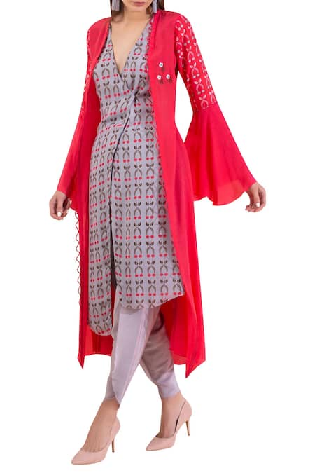 Shop Limerick By Abirr N' Nanki Grey Crepe, Georgette V Neck Printed Jacket Kurta Set Online at Aza Fashions Shop_Limerick By Abirr N' Nanki_Grey Crepe, Georgette V Neck Printed Jacket Kurta Set_Online_at_Aza_Fashions
