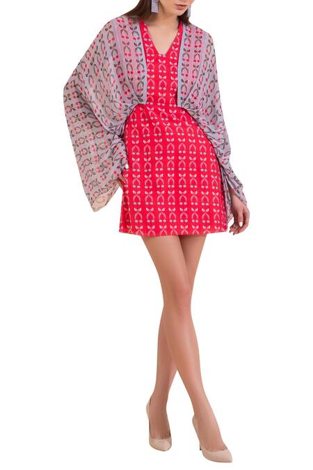 Limerick By Abirr N' Nanki Coral Chanderi, Silk Georgette V Neck Printed Short Dress Online at Aza Fashions Limerick By Abirr N' Nanki_Coral Chanderi, Silk Georgette V Neck Printed Short Dress _Online_at_Aza_Fashions