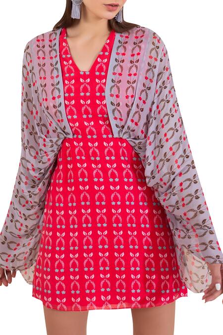 Buy Limerick By Abirr N' Nanki Coral Chanderi, Silk Georgette V Neck Printed Short Dress Online at Aza Fashions Buy_Limerick By Abirr N' Nanki_Coral Chanderi, Silk Georgette V Neck Printed Short Dress _Online_at_Aza_Fashions