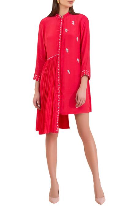 Limerick By Abirr N' Nanki_Coral Silk Crepe Mandarin Collar Embroidered Tunic_Online_at_Aza_Fashions
