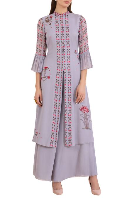 Limerick By Abirr N' Nanki Grey Silk Georgette Band Collar Printed Kurta Palazzo Set Online at Aza Fashions Limerick By Abirr N' Nanki_Grey Silk Georgette Band Collar Printed Kurta Palazzo Set _Online_at_Aza_Fashions