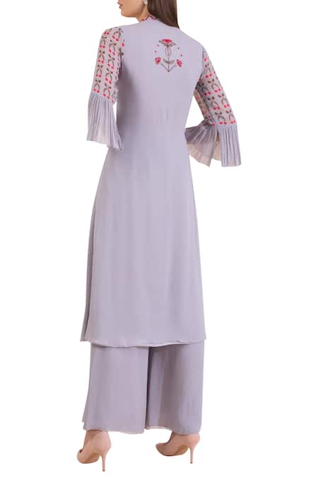 Shop Limerick By Abirr N' Nanki Grey Silk Georgette Band Collar Printed Kurta Palazzo Set at Aza Fashions Shop_Limerick By Abirr N' Nanki_Grey Silk Georgette Band Collar Printed Kurta Palazzo Set _at_Aza_Fashions