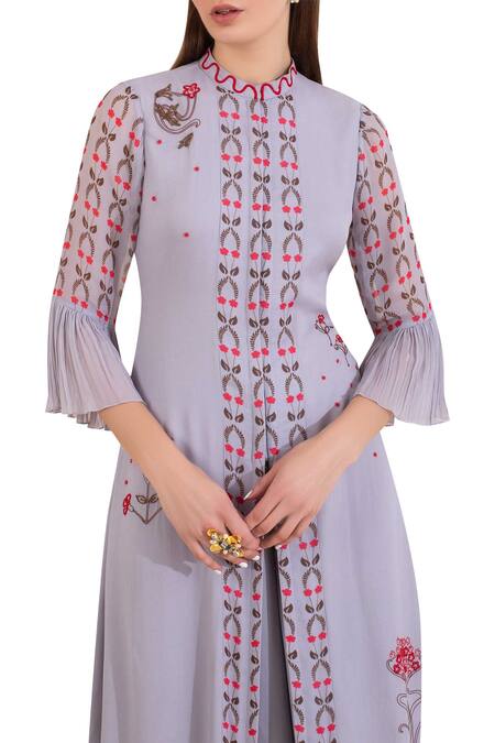 Buy Limerick By Abirr N' Nanki Grey Silk Georgette Band Collar Printed Kurta Palazzo Set Online at Aza Fashions Buy_Limerick By Abirr N' Nanki_Grey Silk Georgette Band Collar Printed Kurta Palazzo Set _Online_at_Aza_Fashions