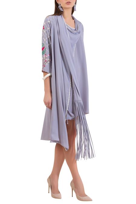 Limerick By Abirr N' Nanki_Grey Double Georgette Asymmetric Embroidered Tunic_Online_at_Aza_Fashions