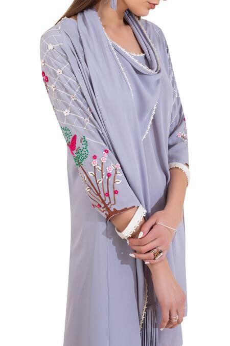 Buy_Limerick By Abirr N' Nanki_Grey Double Georgette Asymmetric Embroidered Tunic_Online_at_Aza_Fashions
