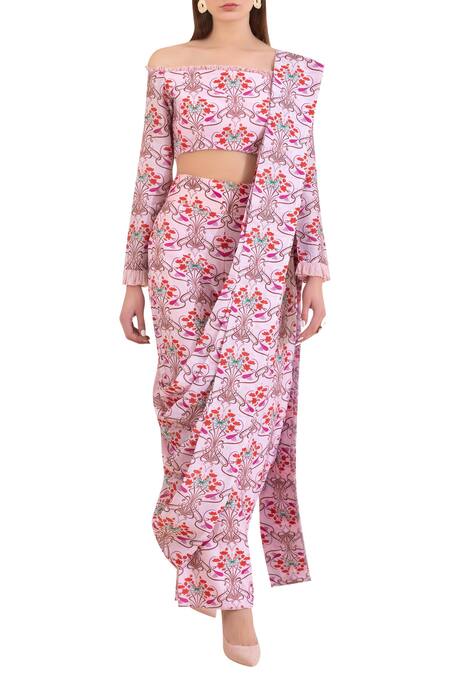 Limerick By Abirr N' Nanki_Pink Chanderi Printed Dhoti Pant Saree Set _Online_at_Aza_Fashions