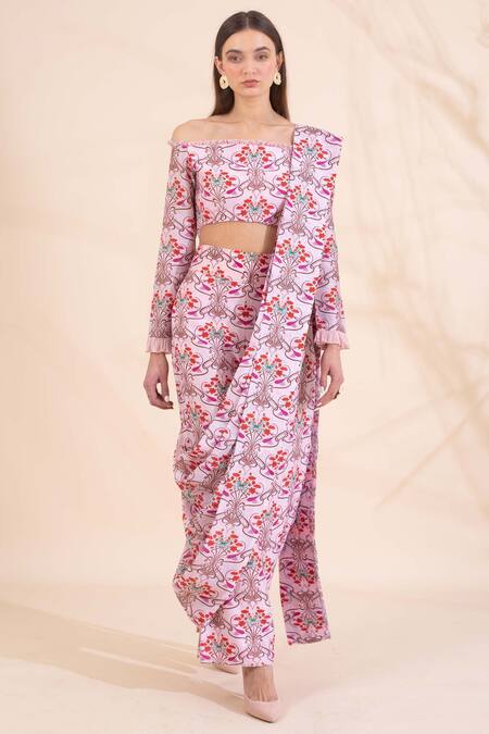 Shop_Limerick By Abirr N' Nanki_Pink Chanderi Printed Dhoti Pant Saree Set _Online_at_Aza_Fashions