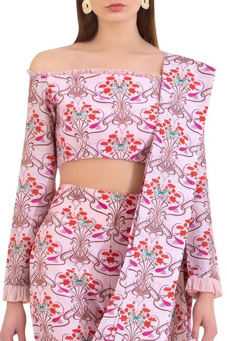 Limerick By Abirr N' Nanki_Pink Chanderi Printed Dhoti Pant Saree Set _at_Aza_Fashions