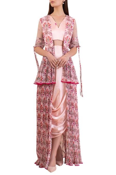 Limerick By Abirr N' Nanki_Pink Satin Draped Dress With Jacket_Online_at_Aza_Fashions