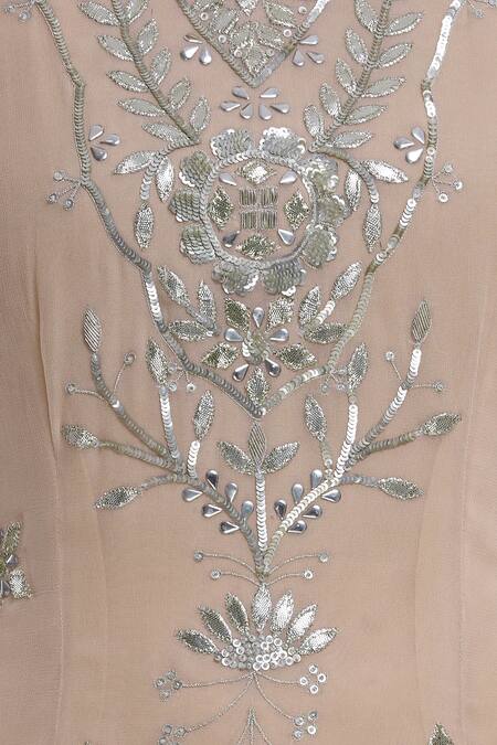 Esha Koul_Peach Organza, Georgette Split Embroidered Kurta Set _at_Aza_Fashions