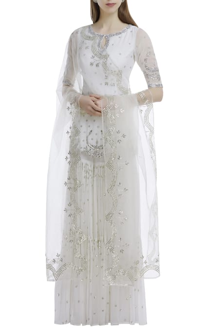 Esha Koul_White Keyhole Embroidered Kurta Sharara Set_Online_at_Aza_Fashions