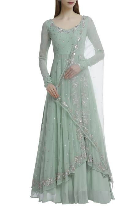 Esha Koul_Green Organza, Georgette Leaf Neck Embellished Anarkali Lehenga Set _Online_at_Aza_Fashions