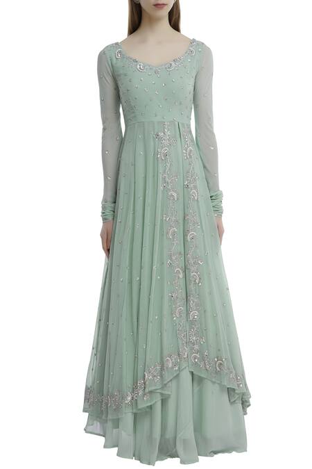 Buy_Esha Koul_Green Organza, Georgette Leaf Neck Embellished Anarkali Lehenga Set _Online_at_Aza_Fashions
