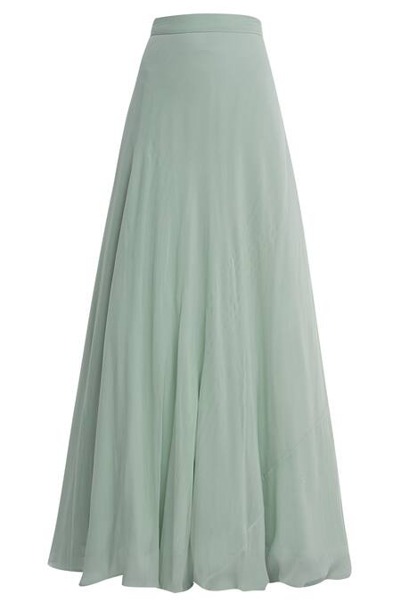 Shop_Esha Koul_Green Organza, Georgette Leaf Neck Embellished Anarkali Lehenga Set _Online_at_Aza_Fashions