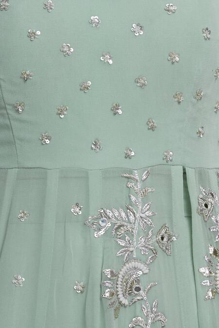 Esha Koul_Green Organza, Georgette Leaf Neck Embellished Anarkali Lehenga Set _at_Aza_Fashions