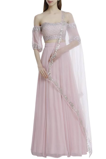 Esha Koul_Pink Organza, Georgette Sweetheart Neck Embroidered Lehenga Set _Online_at_Aza_Fashions