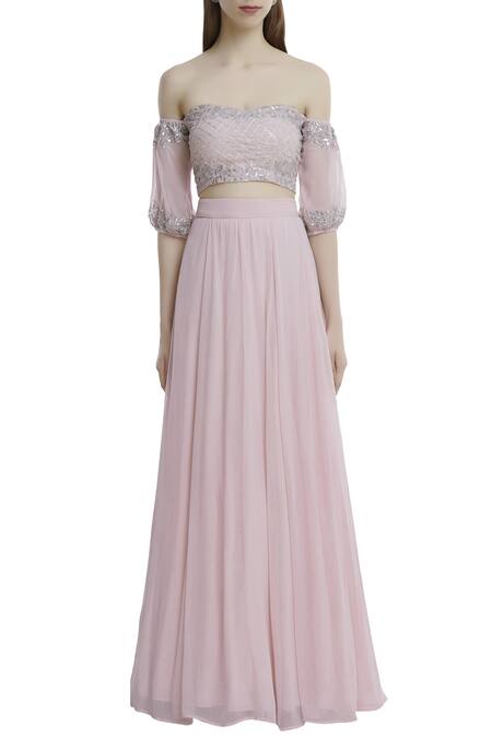 Buy_Esha Koul_Pink Organza, Georgette Sweetheart Neck Embroidered Lehenga Set _Online_at_Aza_Fashions