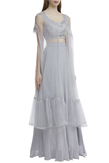 Esha Koul_Grey Organza, Georgette Leaf Neck Embroidered Jacket Lehenga Set _Online_at_Aza_Fashions