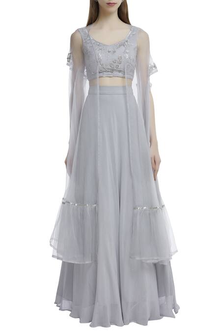 Buy_Esha Koul_Grey Organza, Georgette Leaf Neck Embroidered Jacket Lehenga Set _Online_at_Aza_Fashions
