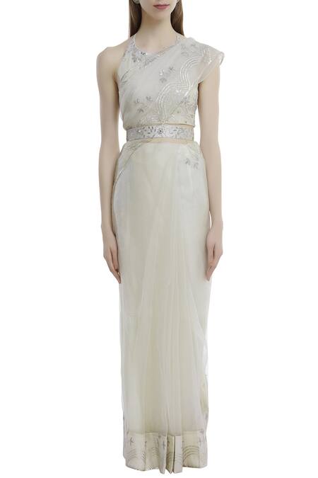 Esha Koul_Off White Organza, Georgette Halter Embroidered Saree Set _Online_at_Aza_Fashions