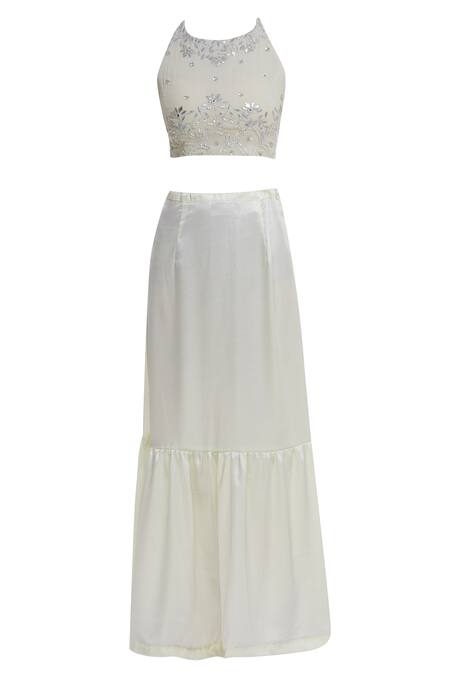 Buy_Esha Koul_Off White Organza, Georgette Halter Embroidered Saree Set _Online_at_Aza_Fashions