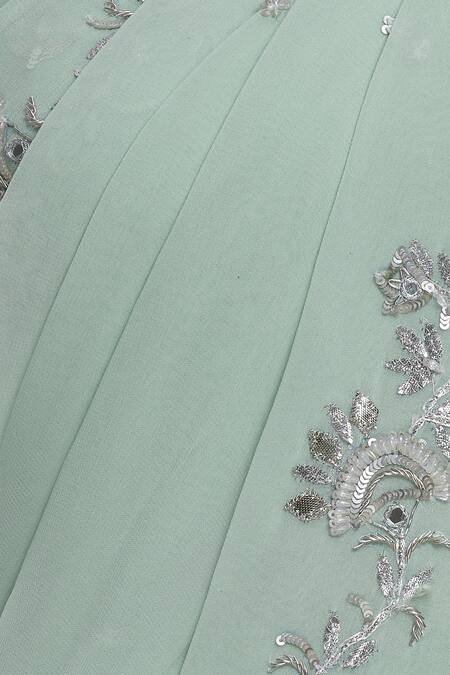 Esha Koul_Green Georgette Leaf Neck Embroidered Saree Set _at_Aza_Fashions