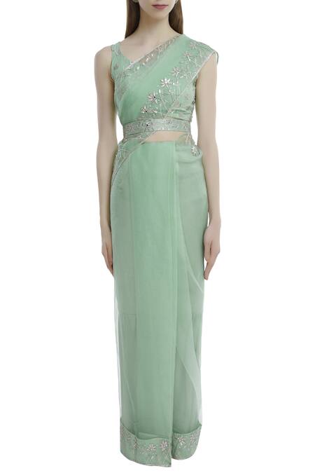 Esha Koul_Green Georgette Leaf Neck Embroidered Saree Set _Online_at_Aza_Fashions