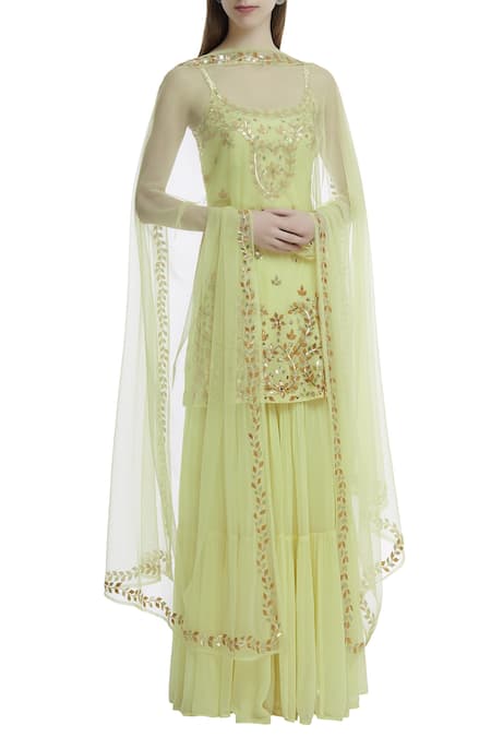 Esha Koul_Yellow Net, Georgette U Neckline Embroidered Kurta Sharara Set _Online_at_Aza_Fashions