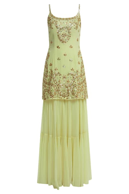 Buy_Esha Koul_Yellow Net, Georgette U Neckline Embroidered Kurta Sharara Set _Online_at_Aza_Fashions